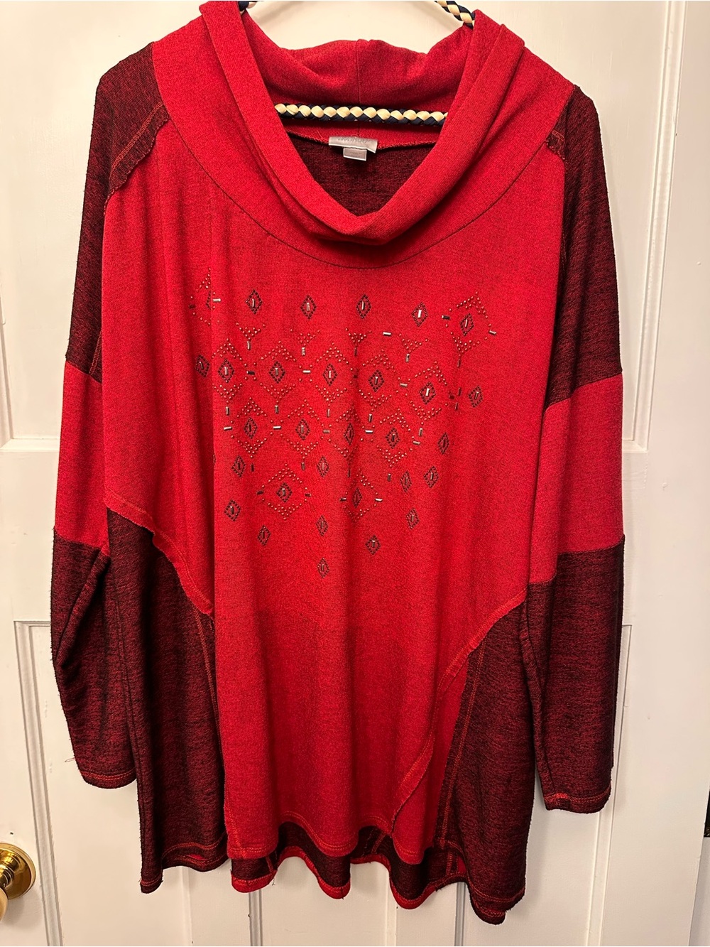 ⭐️ Avenue Red Cowl Neck Tunic with Burgundy Panels and Stud Detail